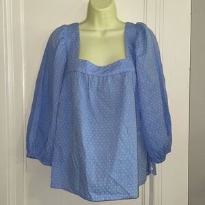NWT Caslon Boho Peasant light blue dotted swiss cotton blouse with square neck
